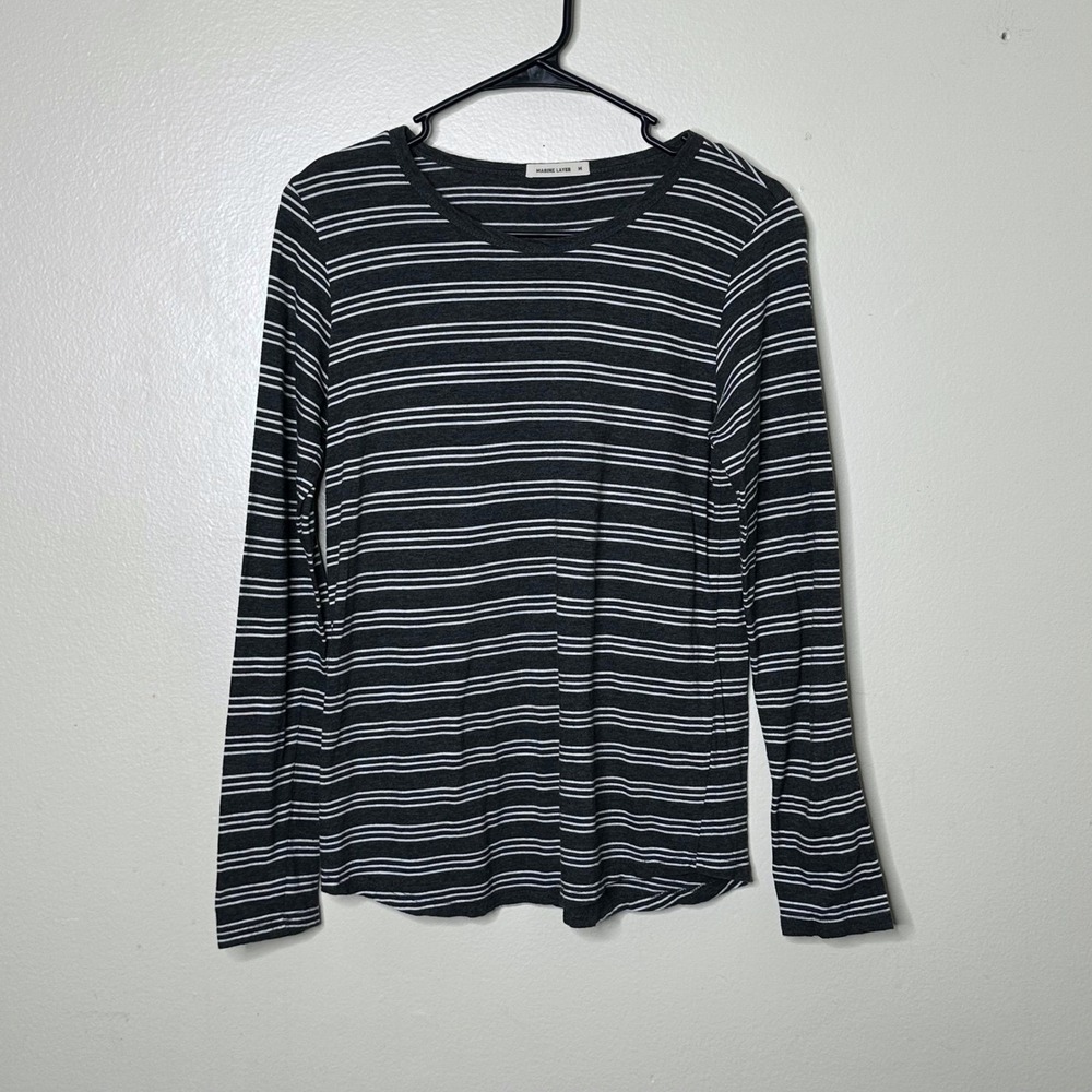 Marine Layer Long Sleeve Top Charcoal Gray White Striped Cotton Size M